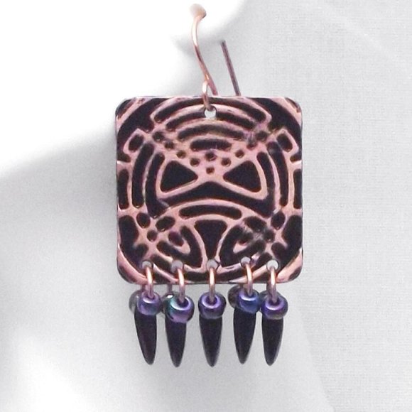 Black and Copper Celtic Square Chandelier Earrings - Picture 3 of 6